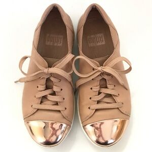 FITFLOP Sneakers Leather F- Sporty Metallic Mirror Toe Cap Tan Womens Size 7 EUC